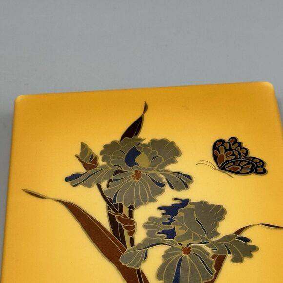 Plastic Celluloid Vanity Trinket Box Rectangle Yellow Irises Butterfly Kitschy - Picture 10 of 11